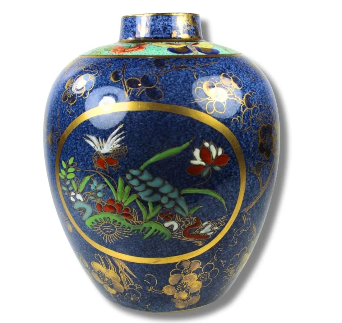 CROWN STAFFORDSHIRE BLUE PORCELAIN VASE WITH GILT AND HAND-PAINTED ENAMELLING: Crown Staffordshire Blue Porcelain Vase with Gilt and Hand-painted enamelling