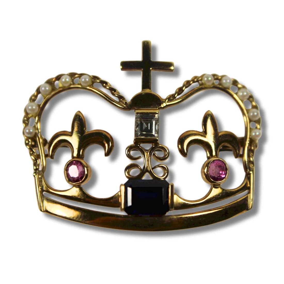 REGAL CROWN BROOCH/ENHANCER IN 18CT YELLOW GOLD WITH A DIAMOND, BLUE SAPPHIRE, RUBIES & SEED PEARLS: Regal Crown Brooch/Enhancer in 18ct Yellow Gold with a Diamond, Blue Sapphire, Rubies & Seed Pearls