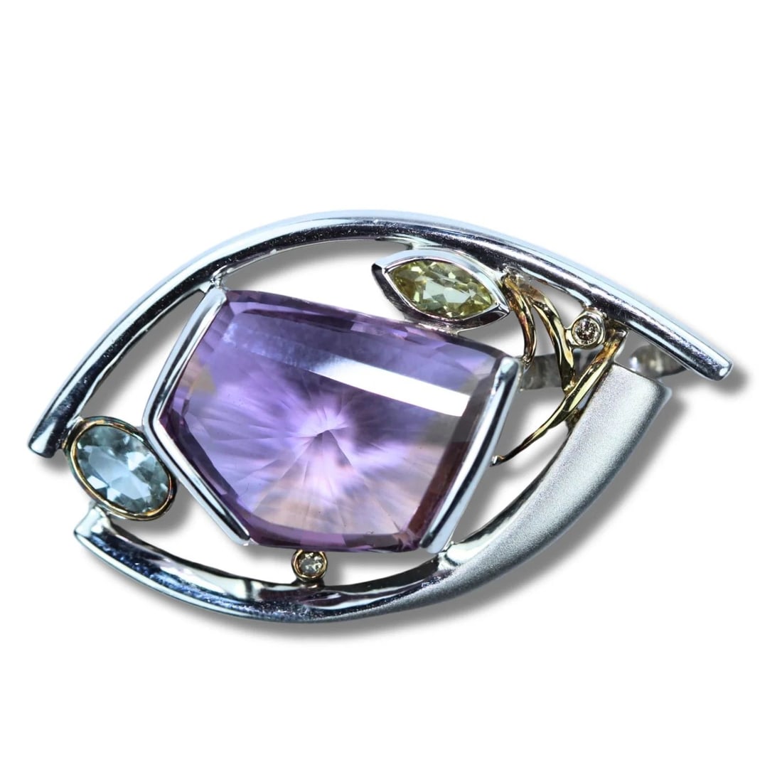 POLISHED SILVER (925) PENDANT WITH CENTRAL OBLIQUE-CUT WITH AMETHYST. TOPAZ, CITRINE & DIAMONDS (1 of 2)