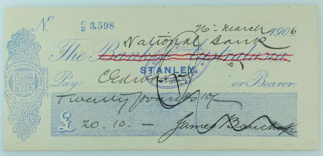 AUSTRALIA 20TH CENTURY 'NATIONAL BANK OF TASMANIA LIMITED' CHEQUE, VERY FINE: Overwritten on a Bank of Australia Cheque 'Stanley 16 March 1906MediumCoins, Monies & StampsExhibitedPaper Money, Australia & New Zealand