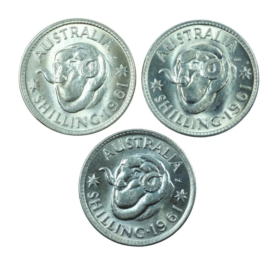 AUSTRALIA 1961 SILVER (500) SHILLINGS, CHOICE UNCIRCULATED (3 COINS): Australia 1961 Silver (500) Shillings, Choice Uncirculated (3 coins)