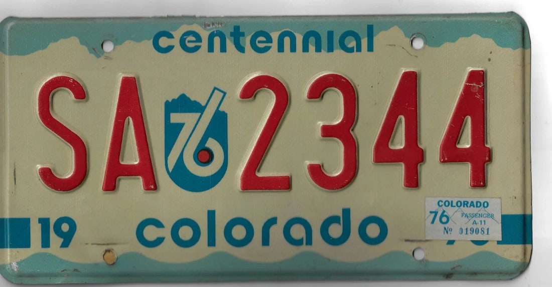 U.S.A. COLORADO 'CENTENNIAL' CAR NUMBER PLATE, 1976, VERY FINE: U.S.A. Colorado 'Centennial' Car Number Plate, 1976, Very Fine
