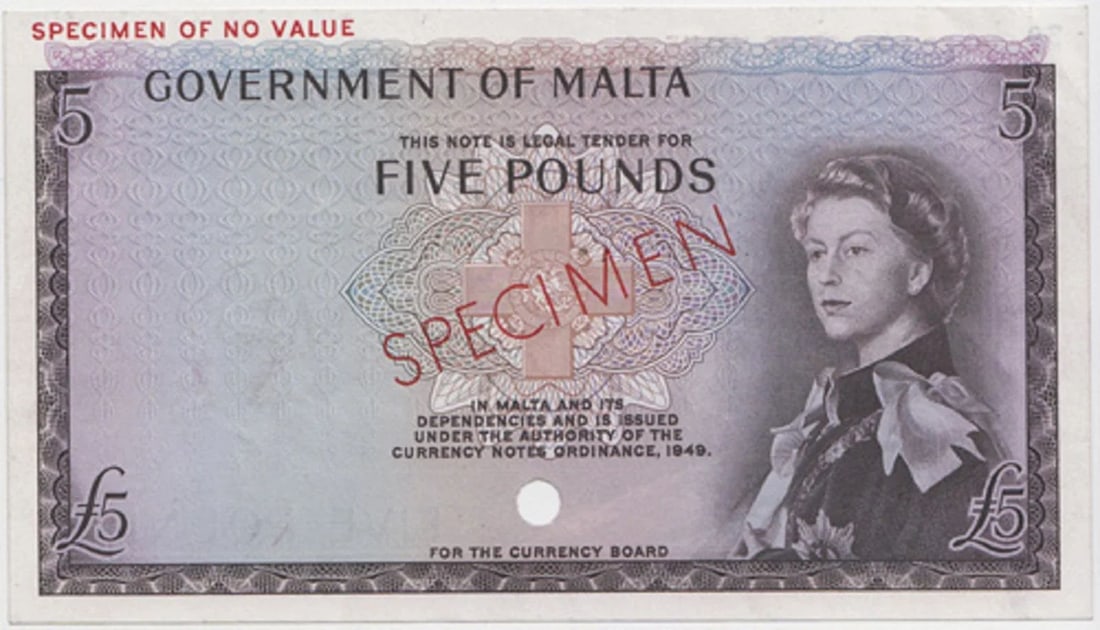 MALTA (1961) ?5 'SPECIMEN', VIRTUALLY UNCIRCULATED OPQ: Pick# 27sct. Very Rare 'Brown & Violet Colour Trial'ConditionO(riginal) P(aper) Q(uality). Light handling. 'SPECIMEN OF NO VALUE' printed in margin front & back. Number '39' in reverse margin. Red
