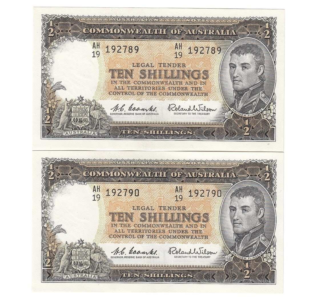 AUSTRALIA 'COOMBS - WILSON' RESERVE 10/- (1961), UNCIRCULATED (CONSECUTIVE PAIR) OPQ: Australia 'Coombs - Wilson' Reserve 10/- (1961), Uncirculated (Consecutive Pair) OPQ