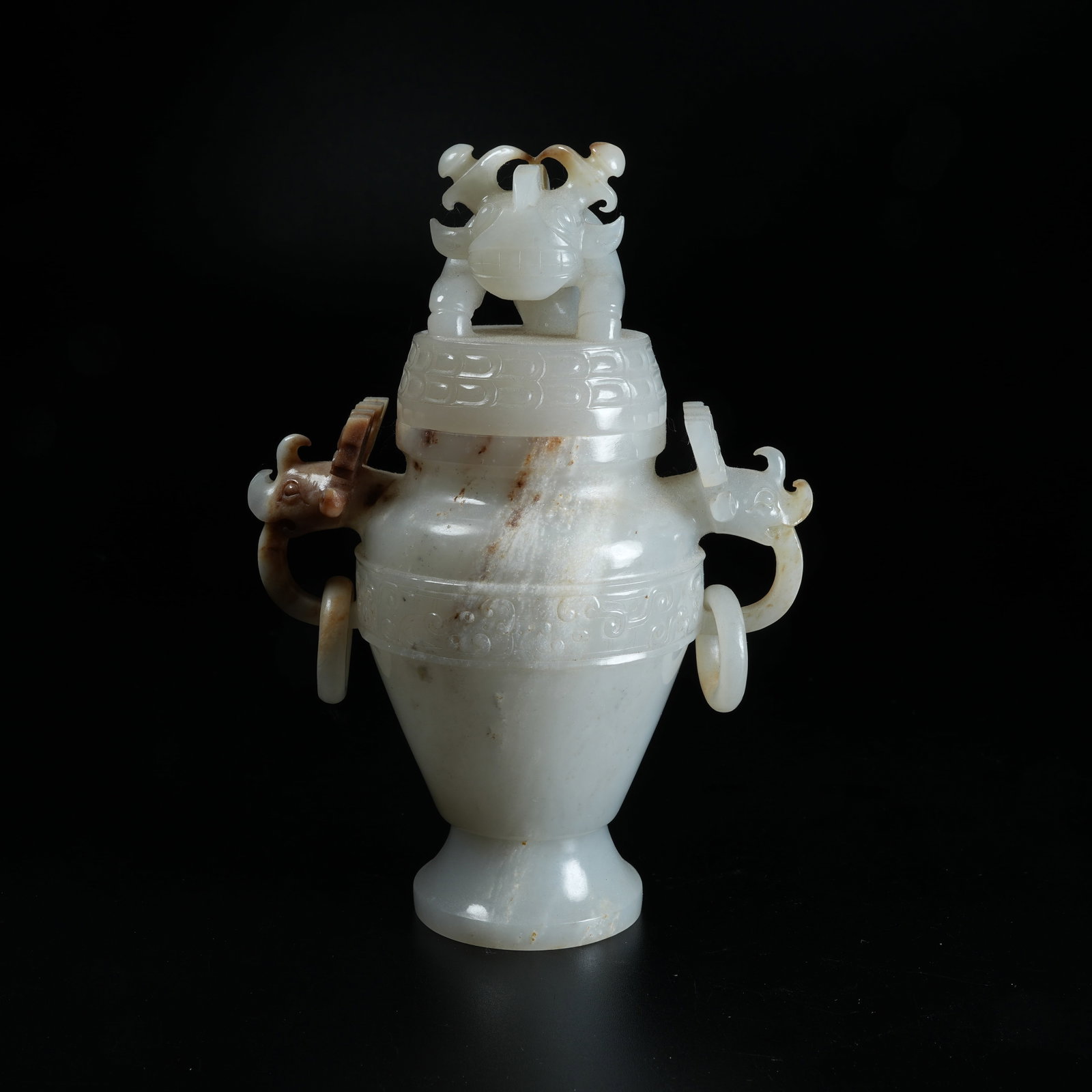 A ANCIENT JADE LIDDED CENSER WITH BEAST KNOBS AND MOVABLE RINGS (1 of 9)