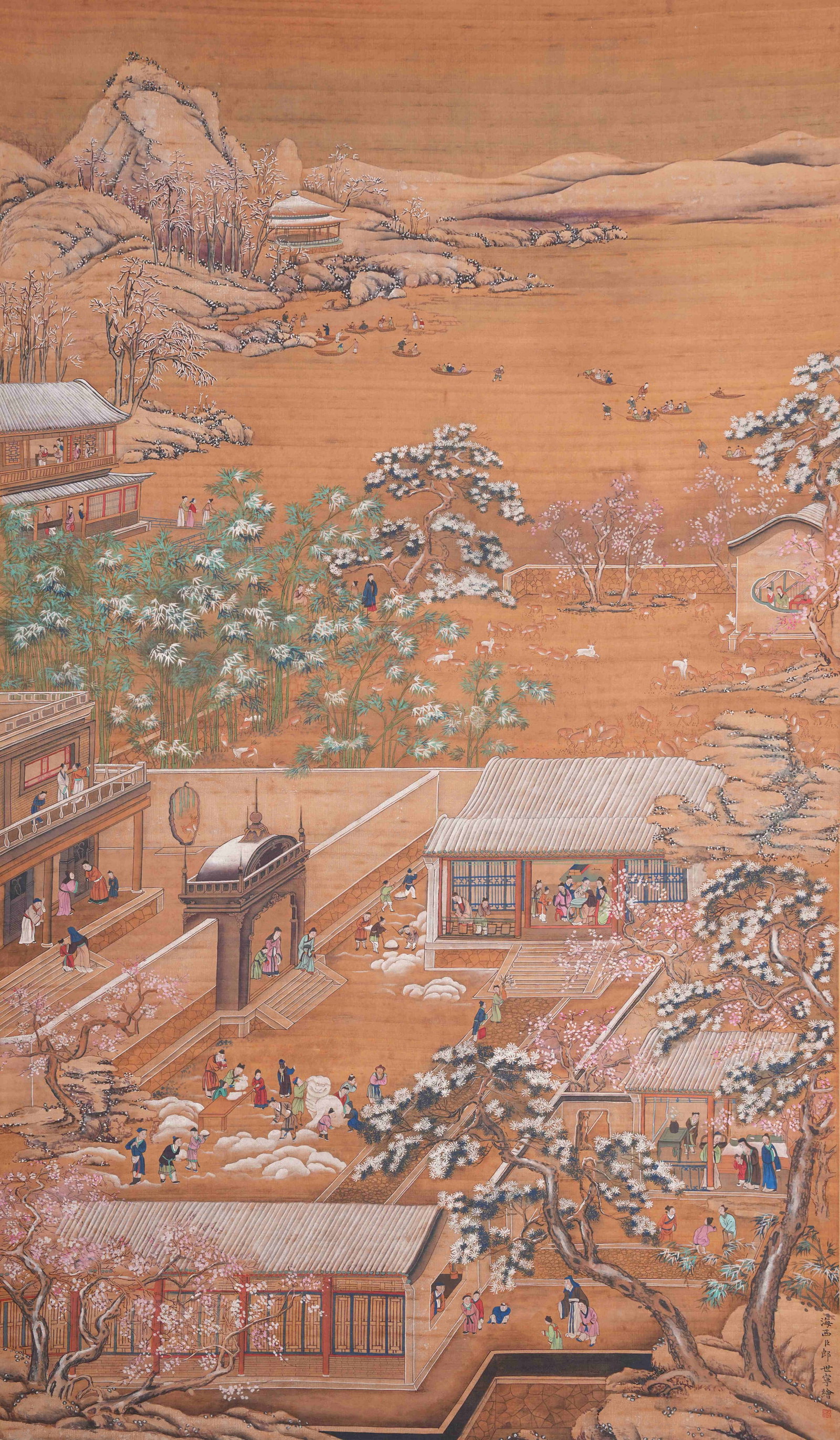 A NARRATIVE COURTYARD FIGURE PAINTING ON SILK BY GIUSEPPE CASTIGLIONE.郎世寧: Narrative Courtyard Figure Painting on Silk by Giuseppe Castiglione.郎世寧