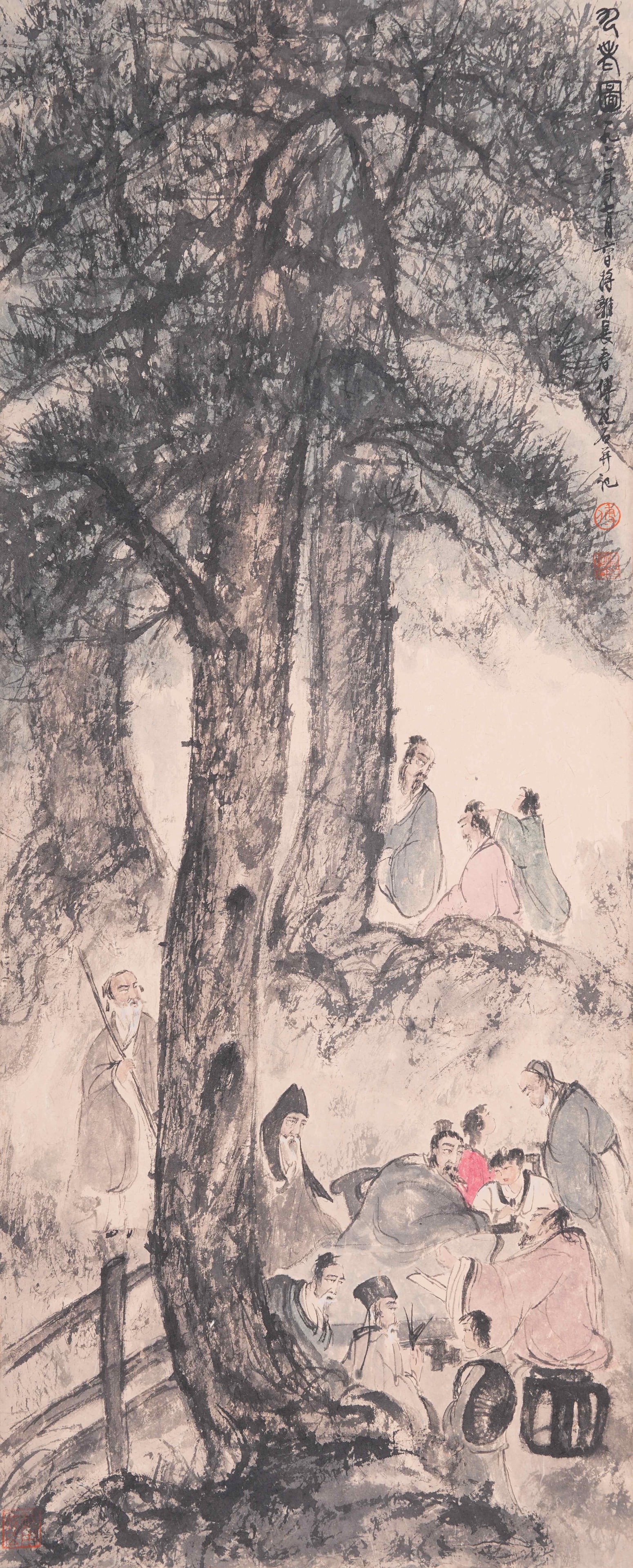 A NINE ELDERS PAINTING ON PAPER BY FU BAOSHI.傅抱石: Nine Elders Painting on Paper by Fu Baoshi.傅抱石