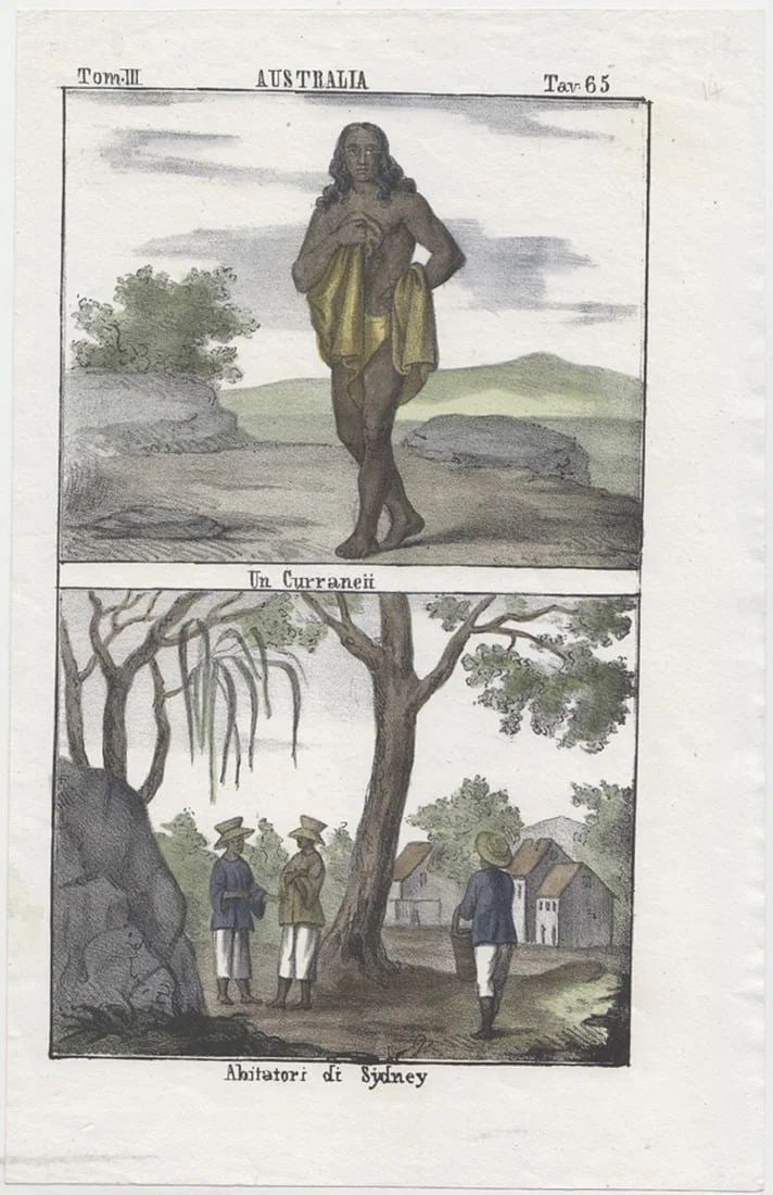 AUSTRALIA RELATED HAND-COLOURED LITHOGRAPH 'A UNIVERSAL GALLERY - PEOPLES OF THE WORLD, VENICE 1841: .Size26x17cmsMediumPrintsExhibitedHistorical