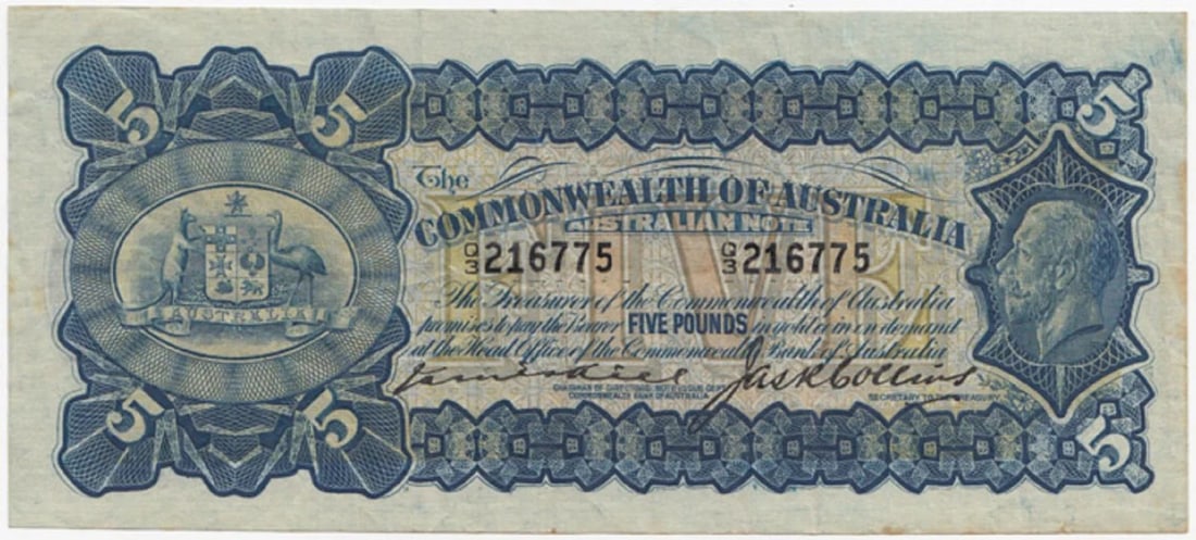 AUSTRALIA 'KELL - COLLINS' ?5 (1924), PCGS 30 (BUT IN OUR OPINION IS NEAR EXTREMELY FINE WITH O: Renniks# 38 : Serial# Q/3 216775ConditionO(riginal) P(aper) Q(uality)MediumCoins, Monies & StampsExhibitedPaper Money, Australia & New Zealand
