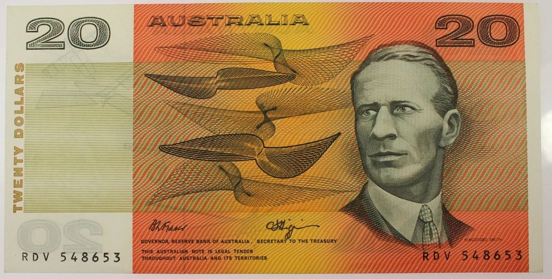 AUSTRALIA 'FRASER - HIGGINS' $20 (1989), UNCIRCULATED OPQ: Renniks# 412 : Serial# RDV 548653ConditionO(riginal) P(aper) Q(uality)MediumCoins, Monies & StampsExhibitedPaper Money, Australia & New Zealand