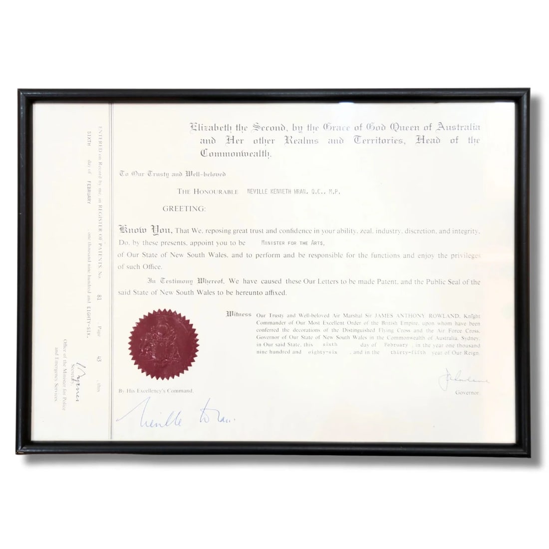 CHARTER APPOINTING OF NEVILLE WRAN AS 'MINISTER OF THE ARTS' OF NEW SOUTH WALES 6 FEBRUARY 1986 (1 of 2)