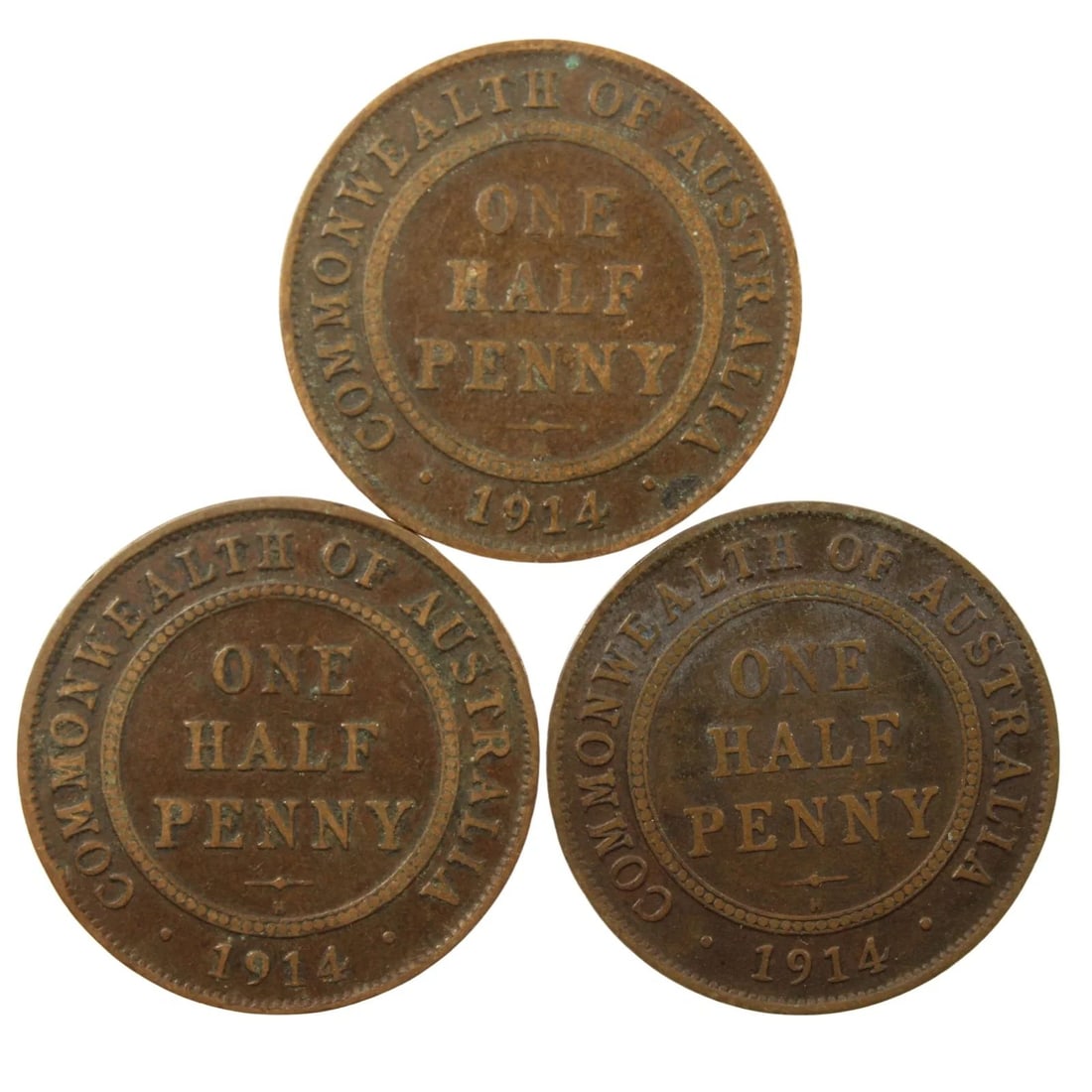 AUSTRALIA 1914 H HALFPENNIES, VG/FINE OR BETTER (3 COINS): Australia 1914 H Halfpennies, VG/Fine or better (3 coins)