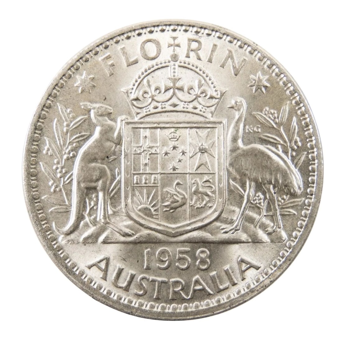 AUSTRALIA 1958 SILVER (500) FLORIN, CHOICE UNCIRCULATED: Australia 1958 Silver (500) Florin, Choice Uncirculated