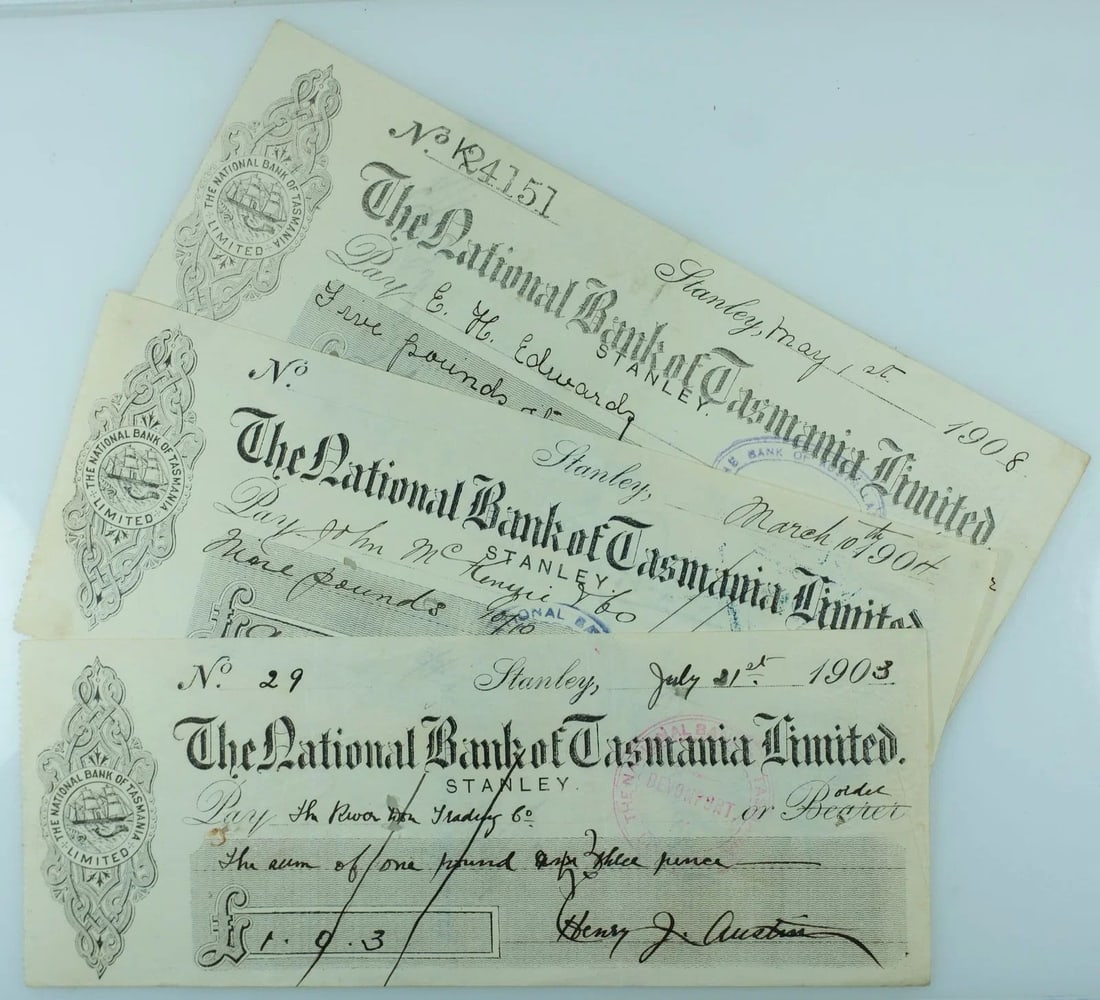 AUSTRALIA 20TH CENTURY 'NATIONAL BANK OF TASMANIA LIMITED' CHEQUES, VERY FINE (3) (1 of 3)