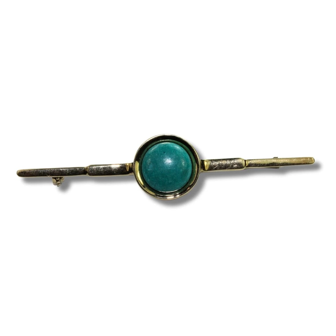 14CT YELLOW GOLD BAR BROOCH WITH A TURQUOISE BUTTON: 14ct Yellow Gold Bar Brooch with a Turquoise Button