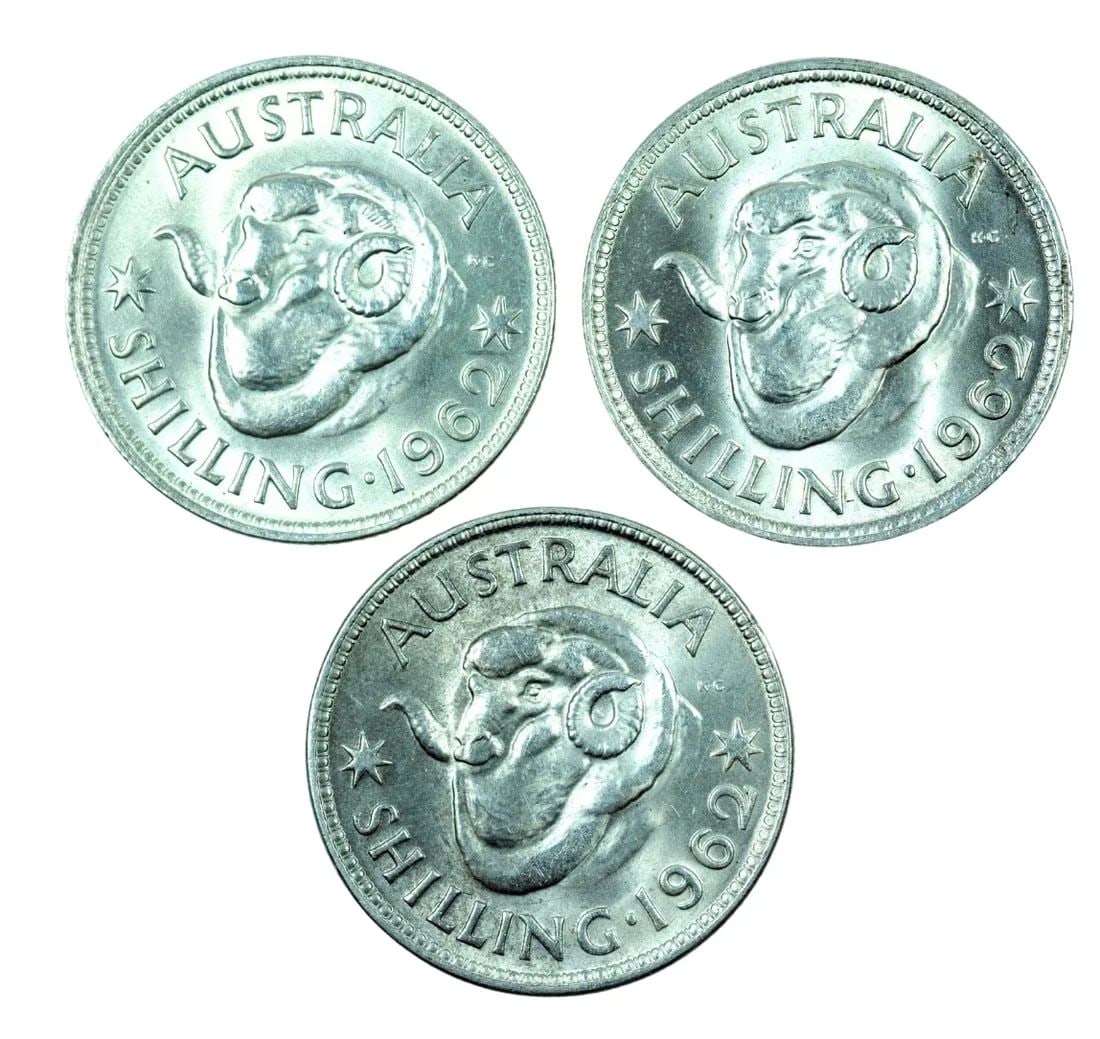 AUSTRALIA 1962 SILVER (500) SHILLINGS, CHOICE UNCIRCULATED (3 COINS): Australia 1962 Silver (500) Shillings, Choice Uncirculated (3 coins)