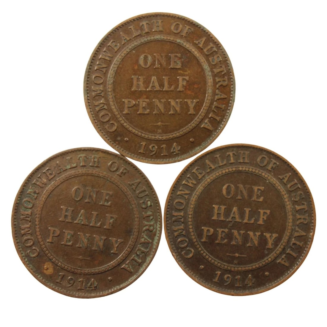 AUSTRALIA 1914 H HALFPENNIES, VG/FINE OR BETTER (3 COINS): Australia 1914 H Halfpennies, VG/Fine or better (3 coins)