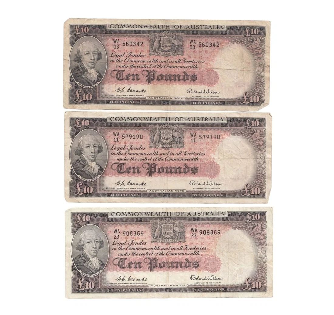 AUSTRALIA 'COOMBS - WILSON' COMMONWEALTH ?10 (1954), FINE OR BETTER (3 NOTES): Australia 'Coombs - Wilson' Commonwealth ?10 (1954), Fine or better (3 notes)