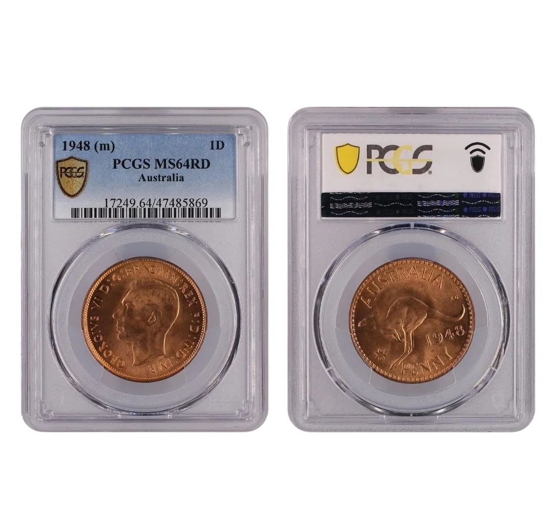 AUSTRALIA 1948 (M) PENNY, PCGS MS64 RD & 1948 Y. (P) PENNY MS 64 BN (2 COINS) (1 of 2)
