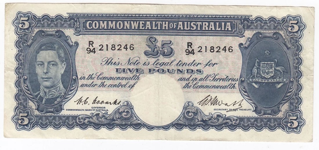 AUSTRALIA 'COOMBS - WATT' GEORGE VI ?5 (1949), ABOUT EXTREMELY FINE OPQ: Renniks# 47 : Serial# R/94 218246ConditionO(riginal) P(aper) Q(uality)MediumCoins, Monies & Stamps