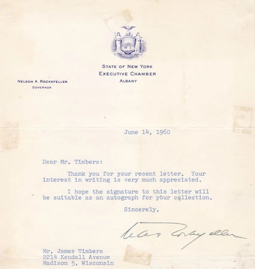 U.S.A. NELSON A ROCKEFELLER EARLY SIGNATURE DATED JUNE 14, 1960: As Governor of New York. Vice-President USA 1974-1977MediumAutographsExhibitedPolitical