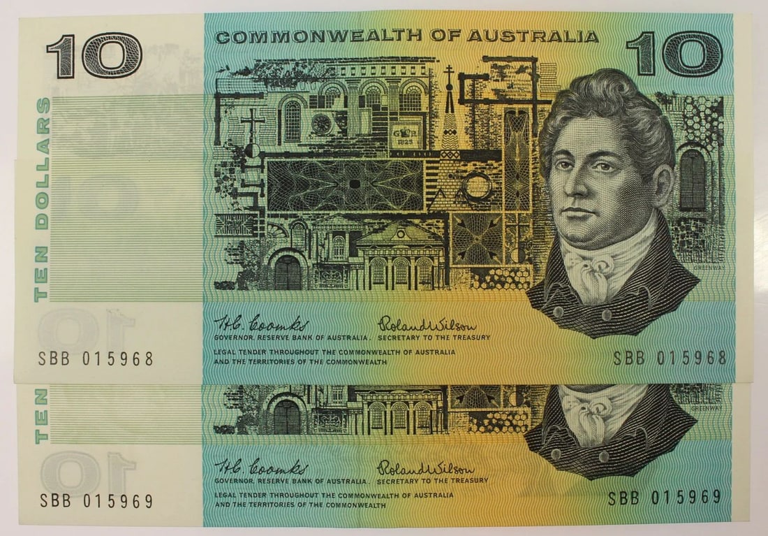 AUSTRALIA 'COOMBS - WILSON' $10 (1966), VIRTUALLY UNCIRCULATED OPQ (CONSECUTIVE PAIR): Renniks# 301 : Serial# SBB 015968-9ConditionO(riginal) P(aper) Q(uality)MediumCoins, Monies & StampsExhibitedPaper Money, Australia & New Zealand
