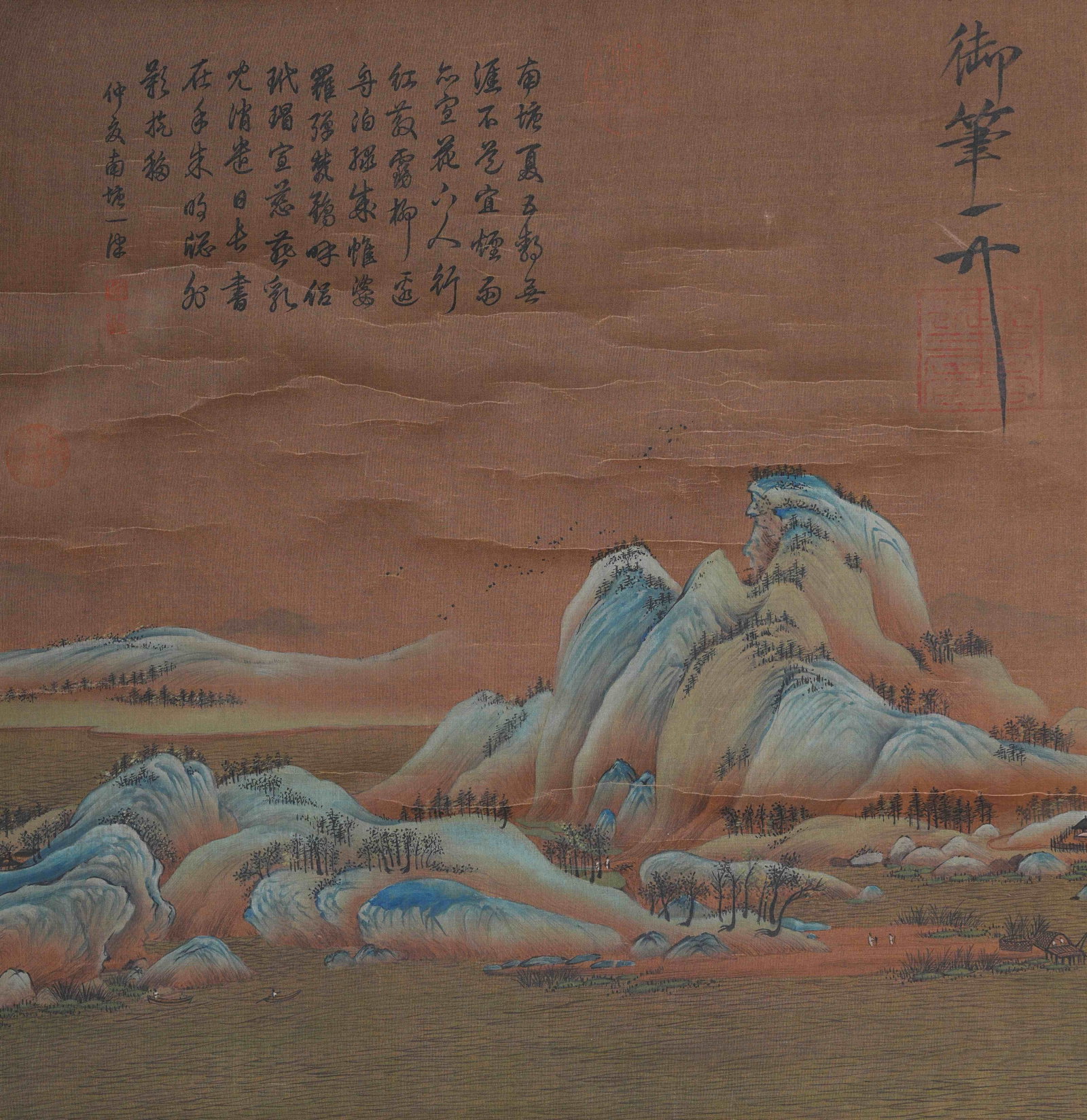 A LANDSCAPE PAINTING ON SILK BY EMPEROR HUIZONG OF SONG.宋徽宗: Landscape Painting on Silk by Emperor Huizong of Song.宋徽宗