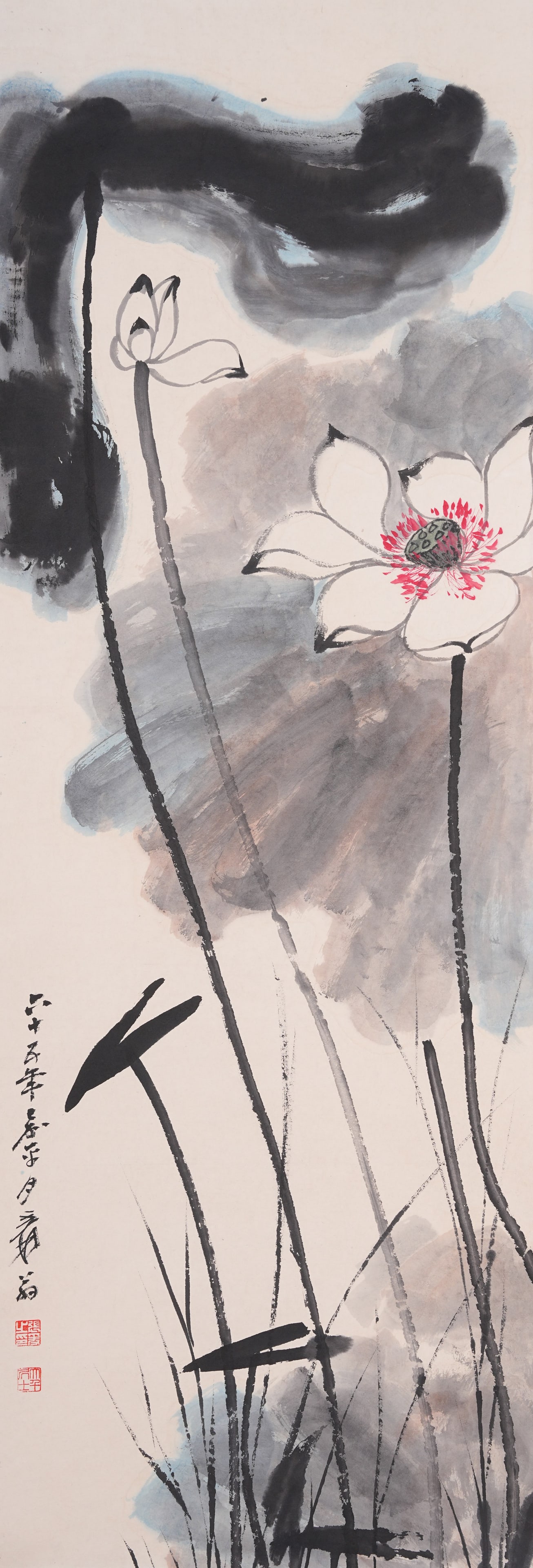 A LOTUS PAINTING ON PAPER BY ZHANG DAQIAN.張大千: Lotus Painting on Paper by Zhang Daqian.張大千