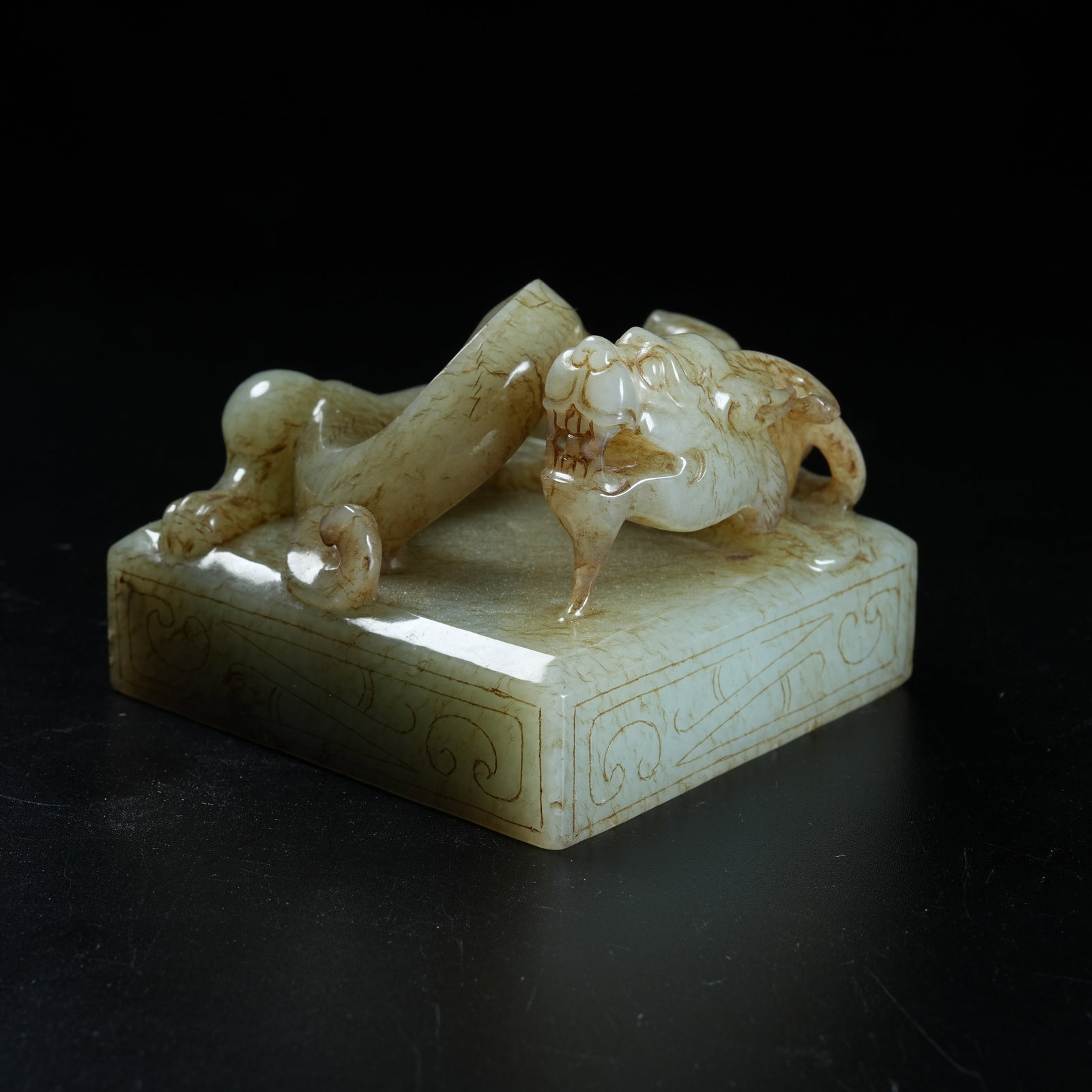 A ANCIENT JADE SEAL WITH DRAGON KNOB: Ancient Jade Seal with Dragon Knob