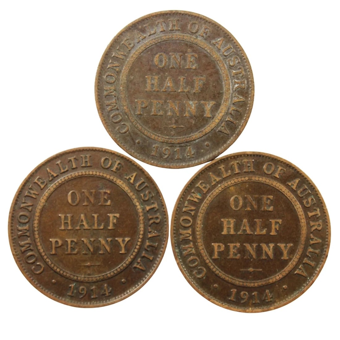 AUSTRALIA 1914 H HALFPENNIES, VG/FINE OR BETTER (3 COINS): Australia 1914 H Halfpennies, VG/Fine or better (3 coins)