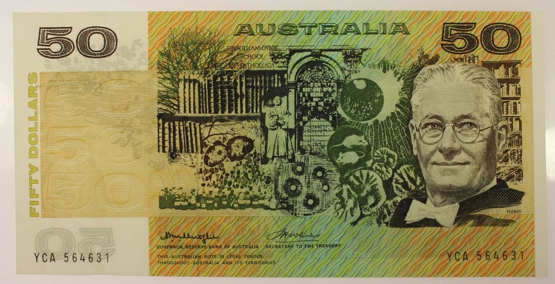 AUSTRALIA 'KNIGHT - WHEELER' SIDE $50 (1975), ABOUT UNCIRCULATED OPQ: Renniks# 505b : Serial# YCA 564631ConditionO(riginal) P(aper) Q(uality)MediumCoins, Monies & StampsExhibitedPaper Money, Australia & New Zealand