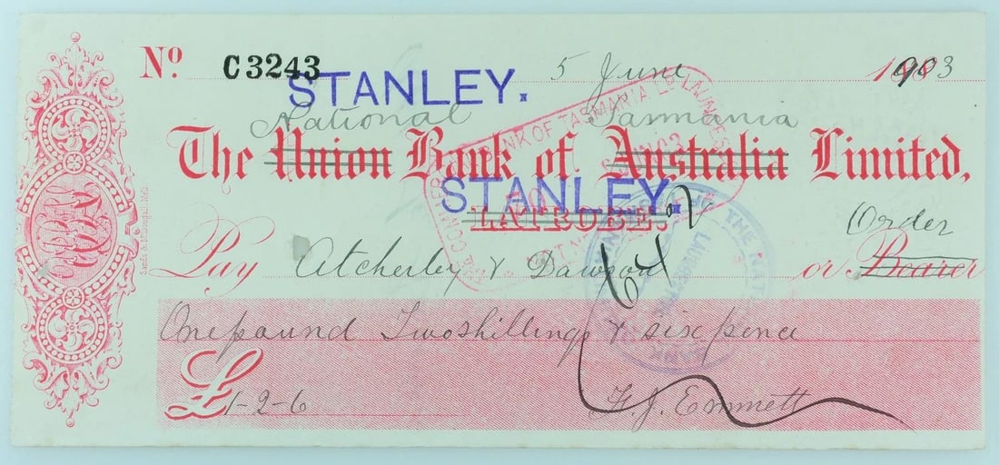 AUSTRALIA 20TH CENTURY 'NATIONAL BANK OF TASMANIA LIMITED' CHEQUE, VERY FINE: Overwritten on a Union Bank of Australia Limited Cheque 'Stanley (Latrobe crossed out) 5 June 1903 over 188_ConditionHoled on spikeMediumCoins, Monies & StampsExhibitedPaper Money, Australia & New Zea