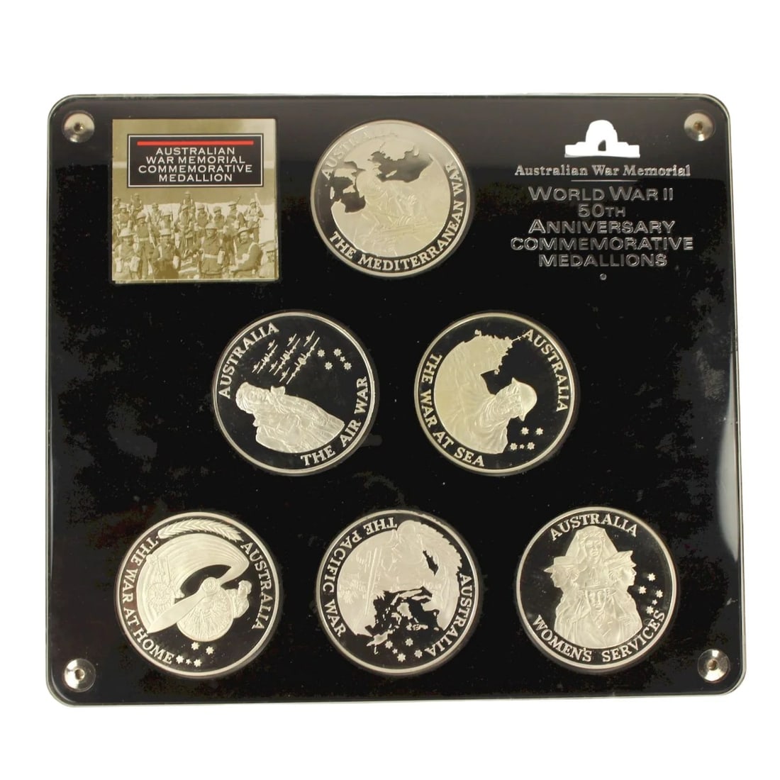 AUSTRALIAN WAR MEMORIAL COMMEMORATIVE PROOF SILVER (999) MEDALLION SET, FDC (6 MEDALLIONS) (1 of 2)