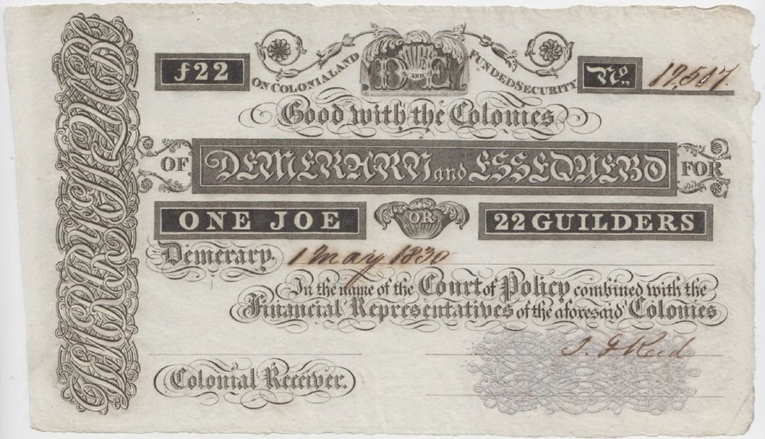 DEMERARY & ESSEQUIBO '1 MAY 1830' ONE JOE (22 GUILDERS), UNCIRCULATED (1 of 2)