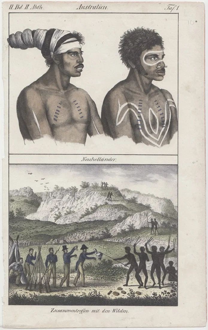 AUSTRALIA RELATED HAND-COLOURED LITHOGRAPH 'A UNIVERSAL GALLERY - PEOPLES OF THE WORLD, VENICE 1841: .Size26x17cmsMediumPrintsExhibitedHistorical