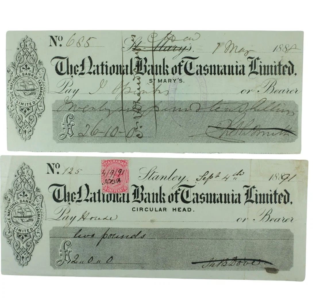 AUSTRALIA 19TH CENTURY 'NATIONAL BANK OF TASMANIA LIMITED' CHEQUES, VERY FINE (2) (1 of 2)