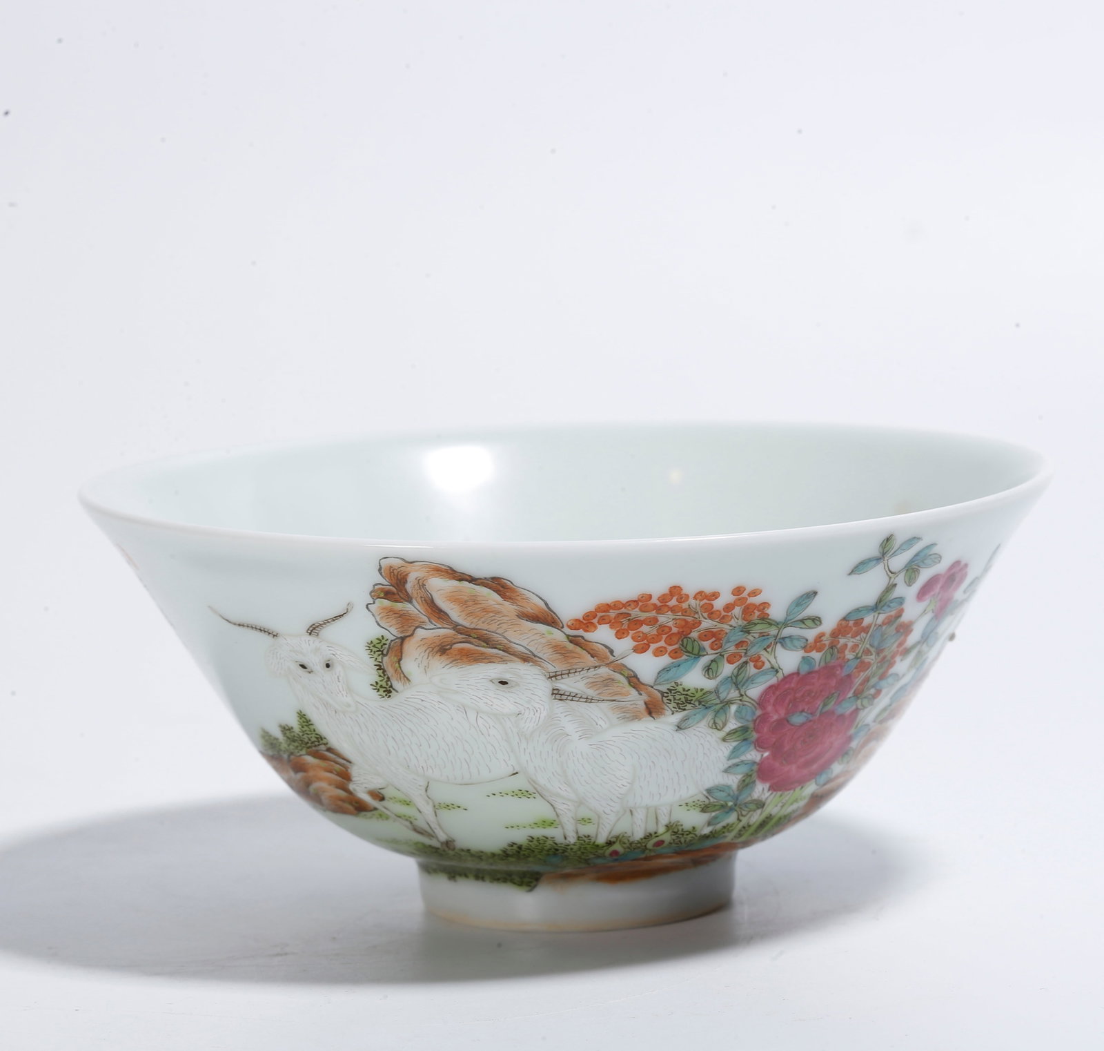 A FAMILLE ROSE BOWL WITH THREE RAMS BRINGING BLISS PATTERN (1 of 9)