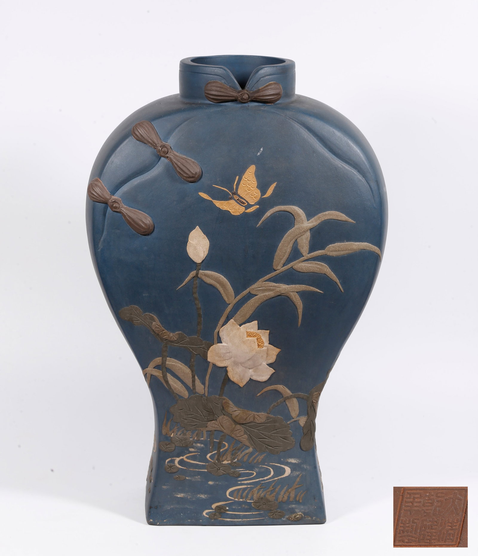 A ZISHA VASE WITH COLOURED BUTTERFLY PATTERN: Zisha Vase with Coloured Butterfly Pattern