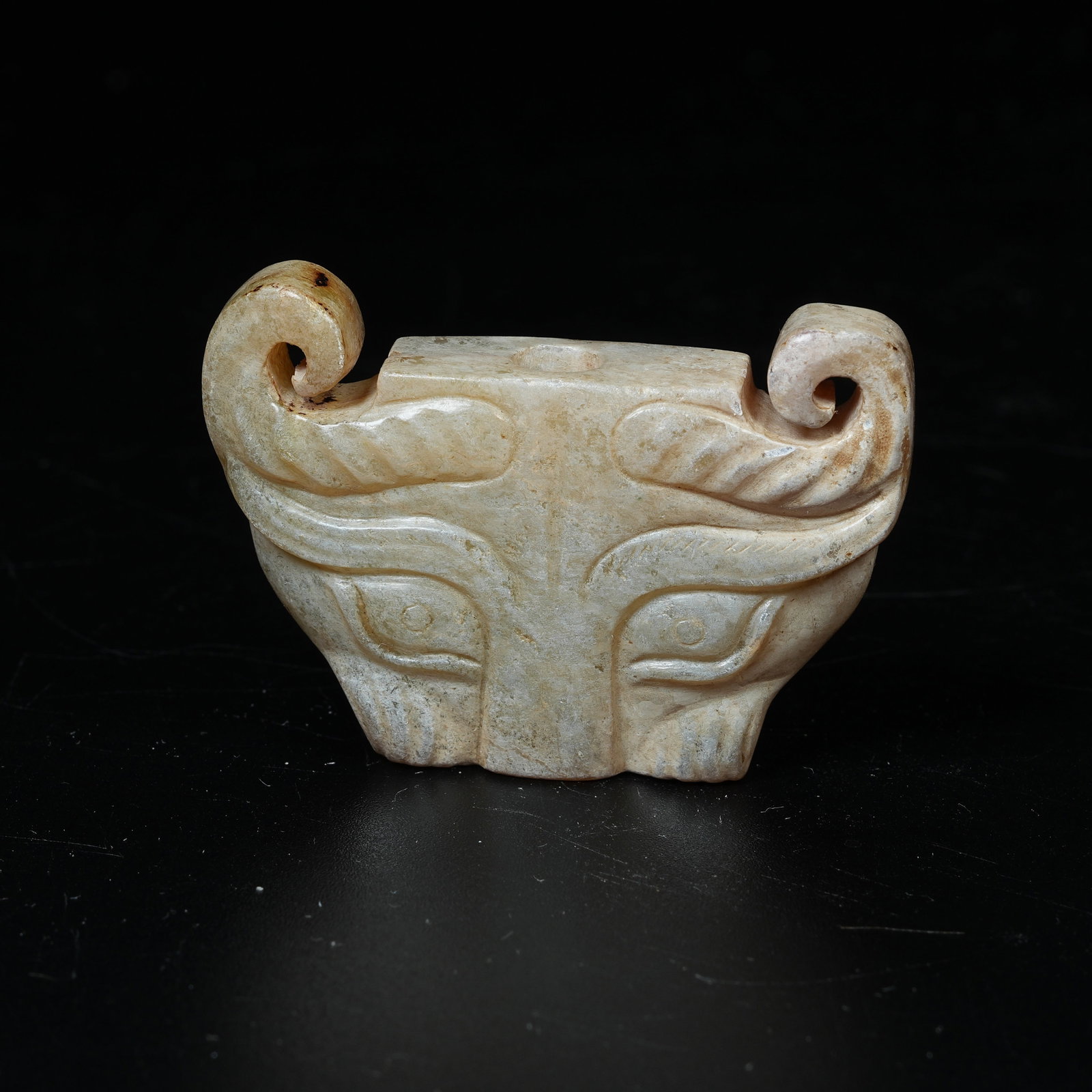A ARCHAIC JADE PENDANT WITH BEAST MASK PATTERNS: Archaic Jade Pendant with Beast Mask Patterns