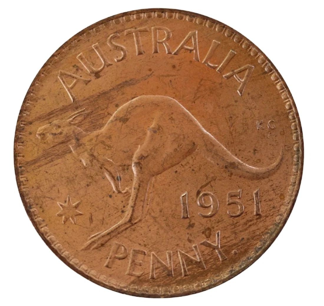 AUSTRALIA 1951 Y. (P) PENNY, CHOICE UNCIRCULATED & VIRTUALLY FULL MINT RED: Australia 1951 Y. (P) Penny, Choice Uncirculated & virtually Full Mint Red
