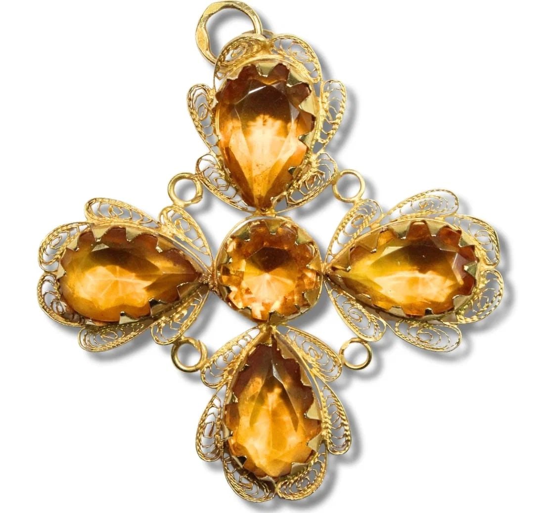 STYLISED CROSS IN 18CT YELLOW GOLD WIRE WITH YELLOW CRYSTAL ADORNMENTS: Stylised Cross in 18ct Yellow Gold Wire with Yellow Crystal Adornments
