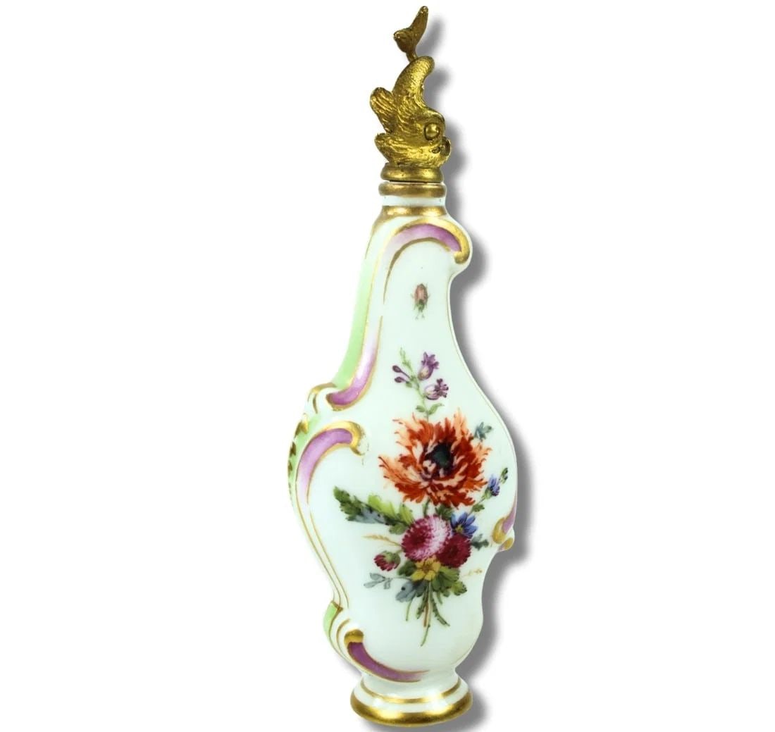 ANTIQUE GERMAN PORCELAIN PERFUME BOTTLE WITH GILDED METAL CARP STOPPER: Antique German Porcelain Perfume Bottle with Gilded Metal Carp Stopper