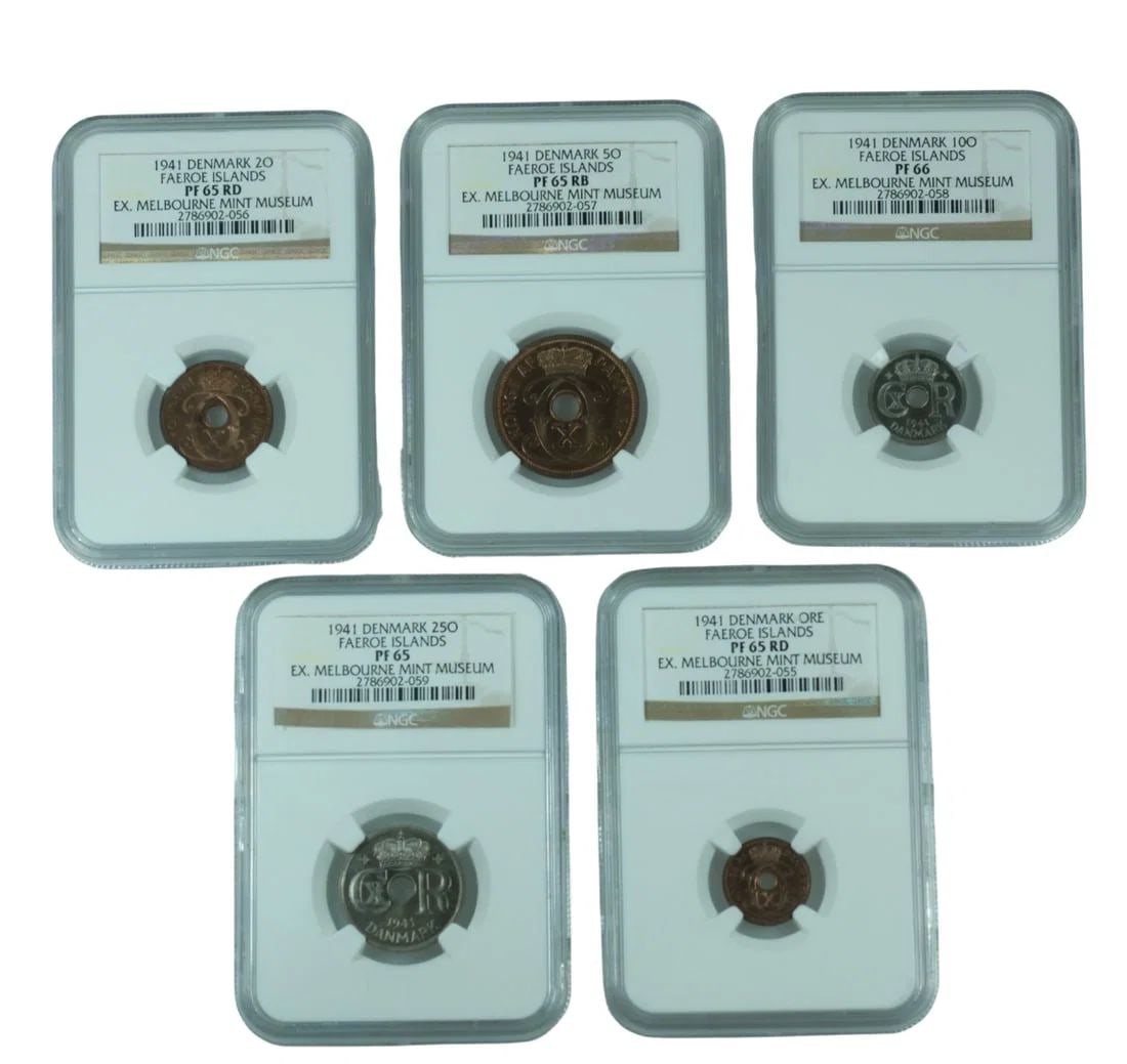FAROE ISLANDS (DENMARK) 1941 PROOF ORE NGC PF65RD, 2 ORE PF65RD, 5 ORE PF65 &10 ORE PF66 (5 COINS): Faroe Islands (Denmark) 1941 Proof Ore NGC PF65RD, 2 Ore PF65RD, 5 Ore PF65 &10 Ore PF66 (5 coins)