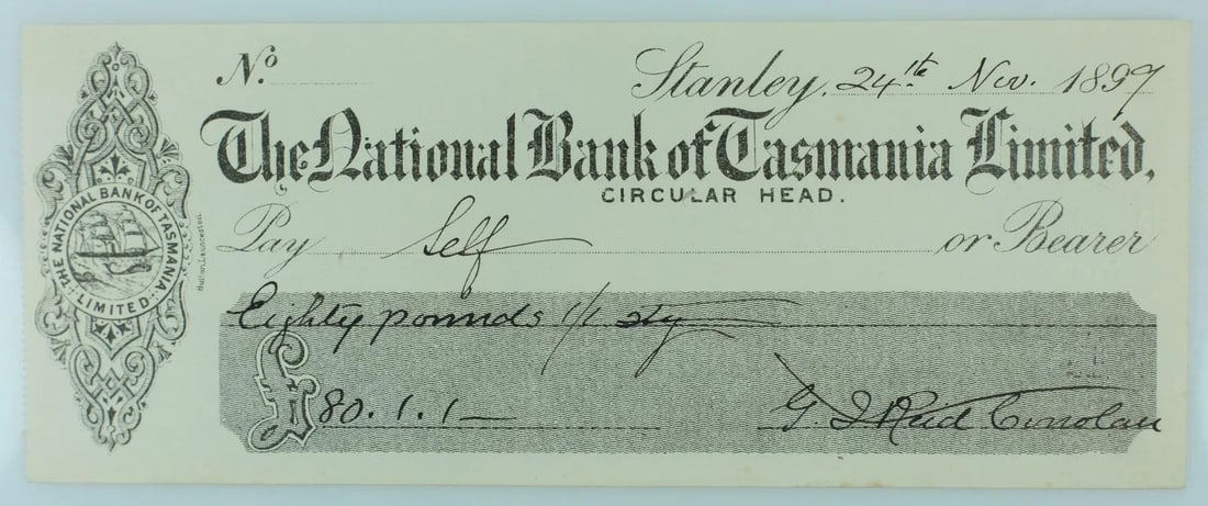AUSTRALIA 19TH CENTURY 'NATIONAL BANK OF TASMANIA LIMITED' CHEQUES, VERY FINE (3): Australia 19th Century 'National Bank of Tasmania Limited' Cheques, Very Fine (3)
