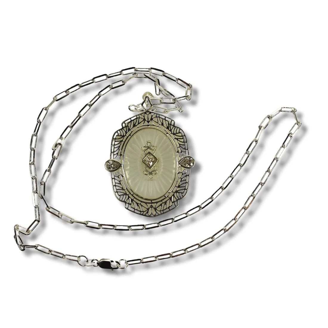 CAMPHOR GLASS PENDANT IN INTRICATE STERLING (925) SILVER SURROUND WITH MATCHING CHAIN: Camphor Glass Pendant in Intricate Sterling (925) Silver Surround with matching Chain