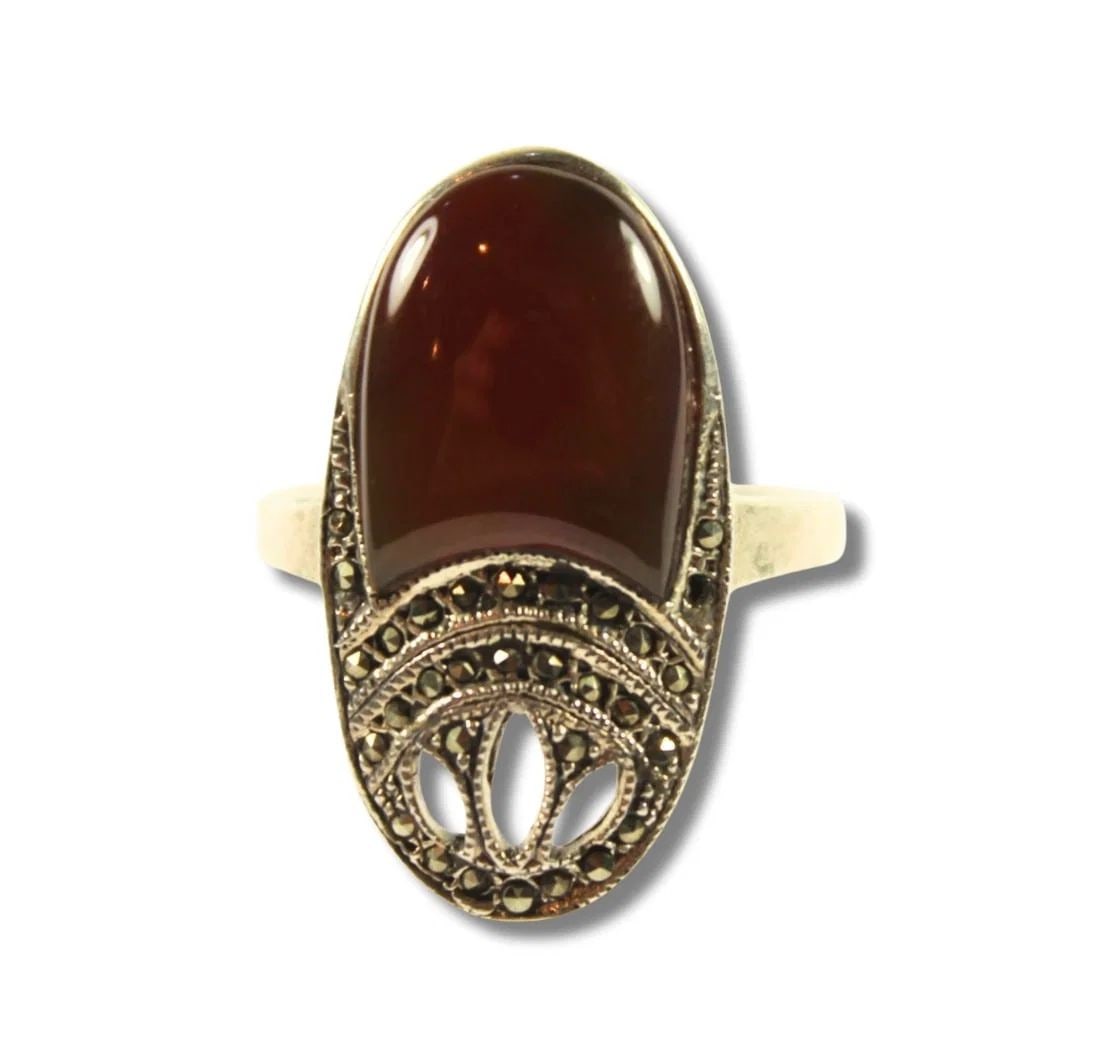 EGYPTIAN-INSPIRED CARNELIAN & MARCASITE RING IN STERLING (925) SILVER: Egyptian-inspired Carnelian & Marcasite Ring in Sterling (925) Silver