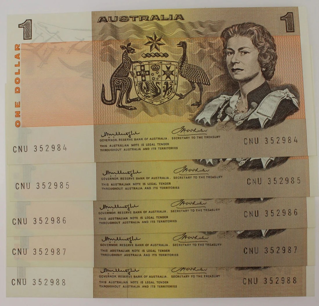 AUSTRALIA 'KNIGHT - WHEELER' SIDE $1 (1976), VIRTUALLY UNCIRCULATED OPQ (CONSECUTIVE RUN OF 5): Renniks# 76c : Serial# CNU 352984-8ConditionO(riginal) P(aper) Q(uality)MediumCoins, Monies & StampsExhibitedPaper Money, Australia & New Zealand