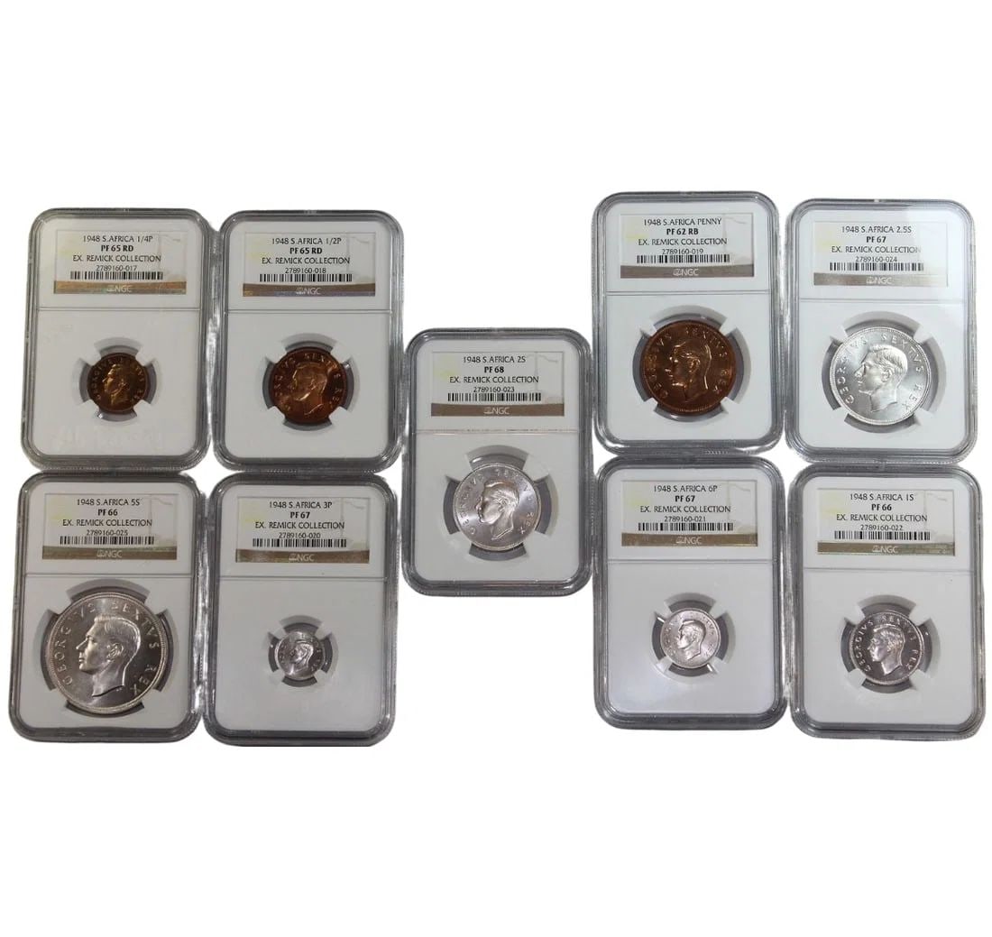 SOUTH AFRICA 1948 PROOF SET HIGH-GRADE MATCHED SET IN NGC HOLDERS, FDC (9 COINS): South Africa 1948 Proof Set High-grade matched set in NGC holders, FDC (9 coins)