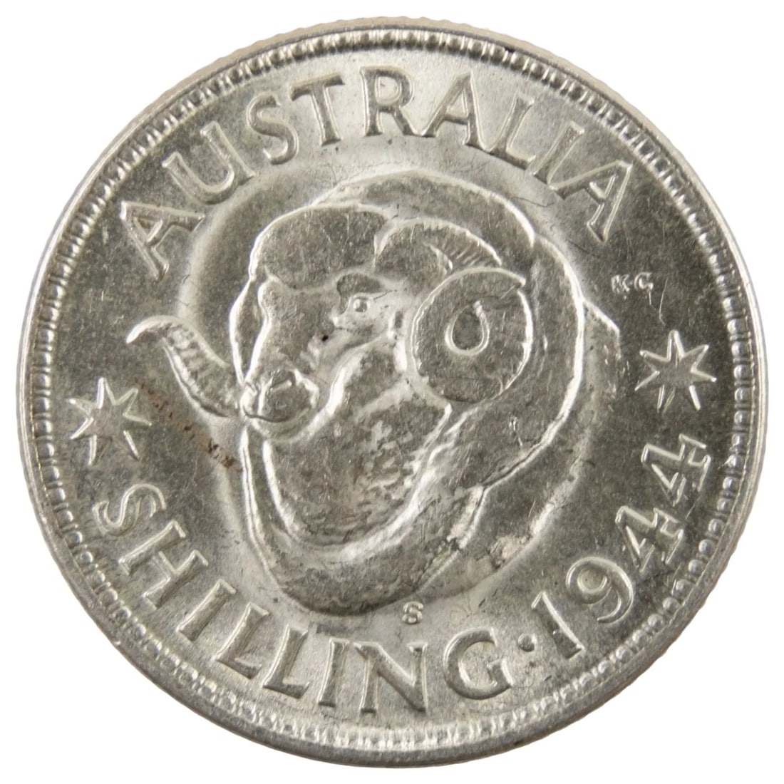 AUSTRALIA 1944 'PLAIN S' SILVER (925) SHILLING, CHOICE UNCIRCULATED: Australia 1944 'Plain S' Silver (925) Shilling, Choice Uncirculated