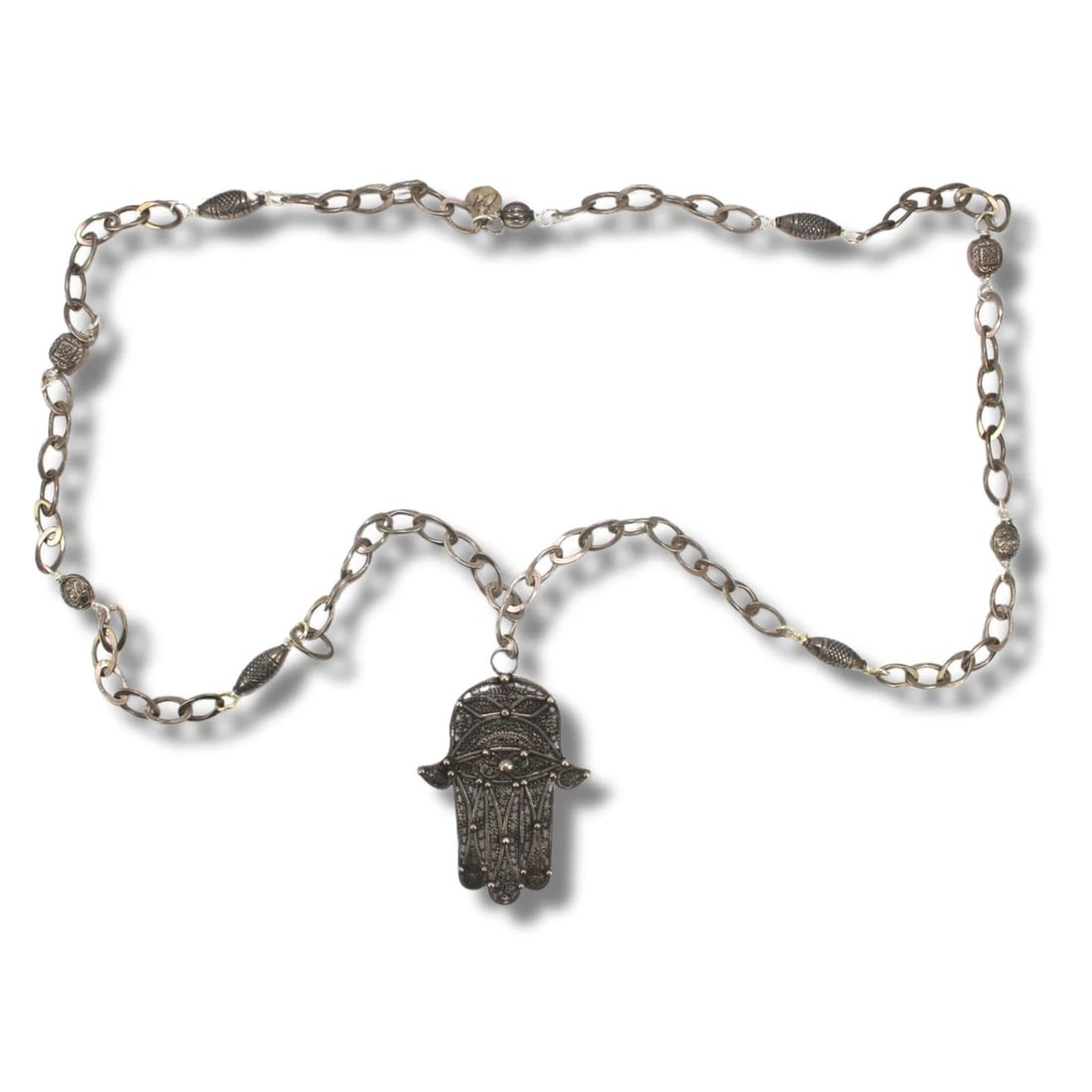 STERLING (925) SILVER ''HAMSA OR HAND OF FATE' WIREWORK PENDANT ON ORNATE CHAIN: Sterling (925) Silver ''Hamsa or Hand of Fate' Wirework Pendant on Ornate Chain